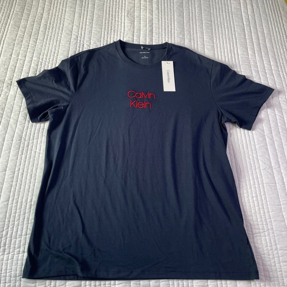 Calvin Klein Jeans Womens Logo T-Shirt Navy Blue Red Embroidery Large NEW